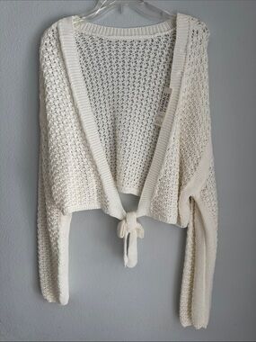Tie-Front Open Knit Sweater - white